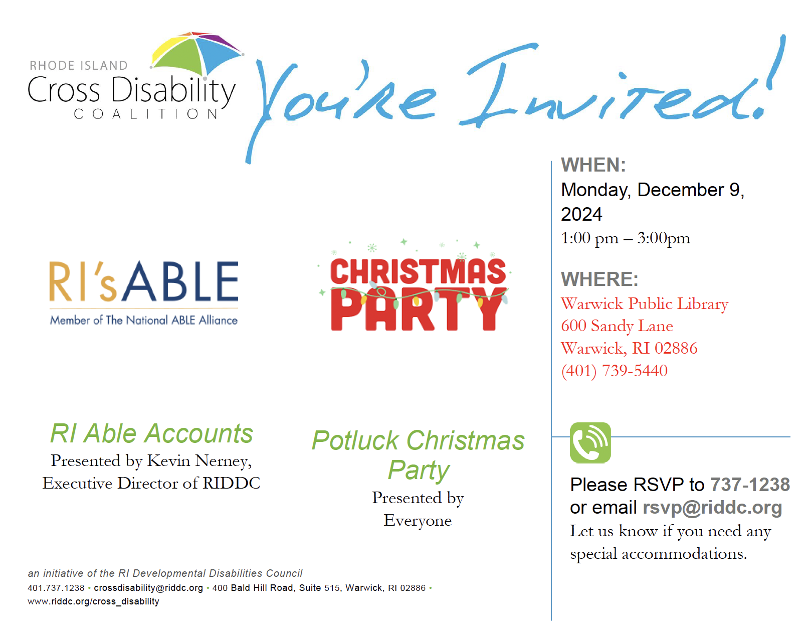 RI Cross Disability Coalition Christmas Party Event Flyer